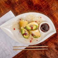 Avocado Rolls · Avocado, dried tomatoes, shallot,onion, cilantro wrapped in thin rice paper served with hoi ...