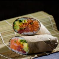 Poké Burrito (Large) · Sushi rice and roasted seaweed wrap.