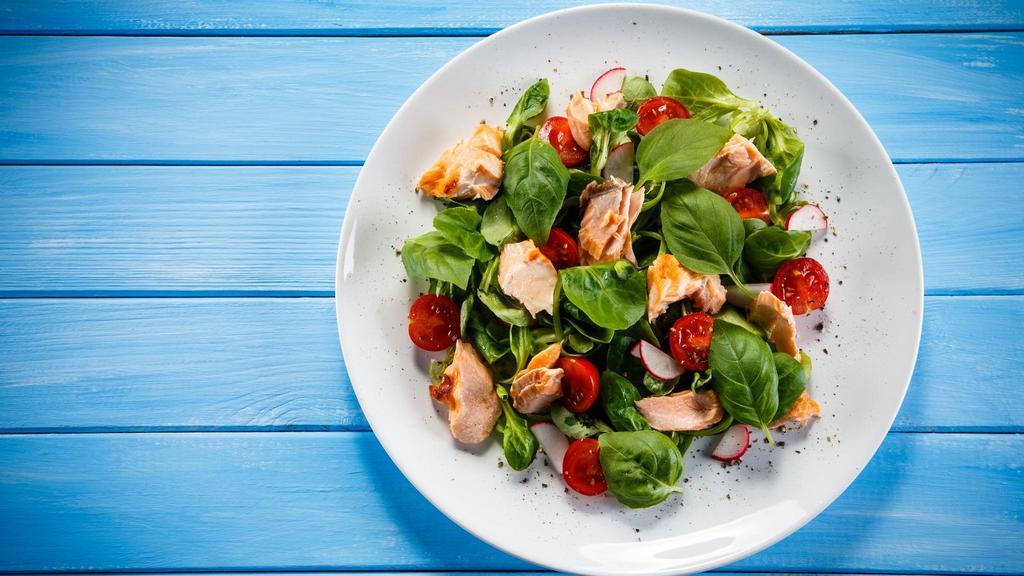 Grilled Salmon Salad · Sea fresh salmon with your choice of greens and dressing. Add on as many toppings as you'd like!