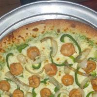 Shrimp Fajita Pizza · Grilled shrimp, fresh garlic, chipotle aioli, red, yellow, green peppers, fried onions and m...