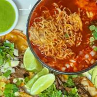 Chessy Birria Ramen Tacos · 3 cheesy birria tacos  with a ramen consome topeed  with a birria meat chopped onions and ci...
