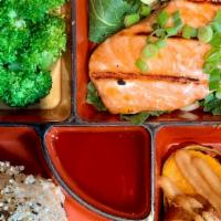 Salmon Bento · grilled salmon & yuzu sauce, broccoli & orange fennel vinaigrette, sweet potatoes & miso sau...