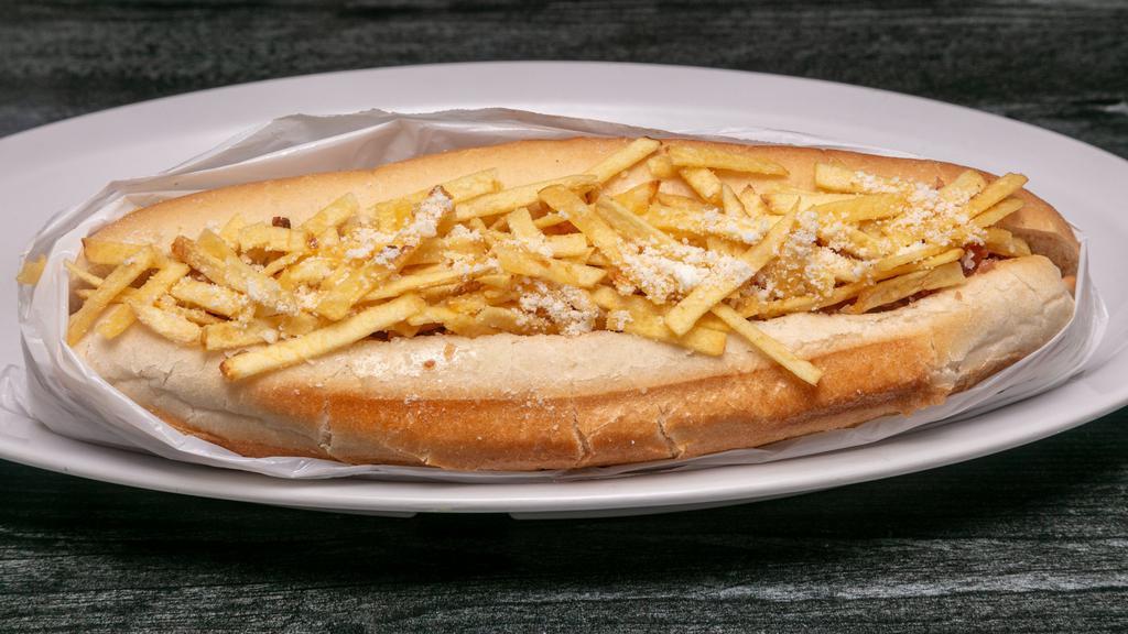 Brazilian Hot Dog · Bread, sausage, marinara sauce, bacon, parmesan cheese, corn and potato sticks.