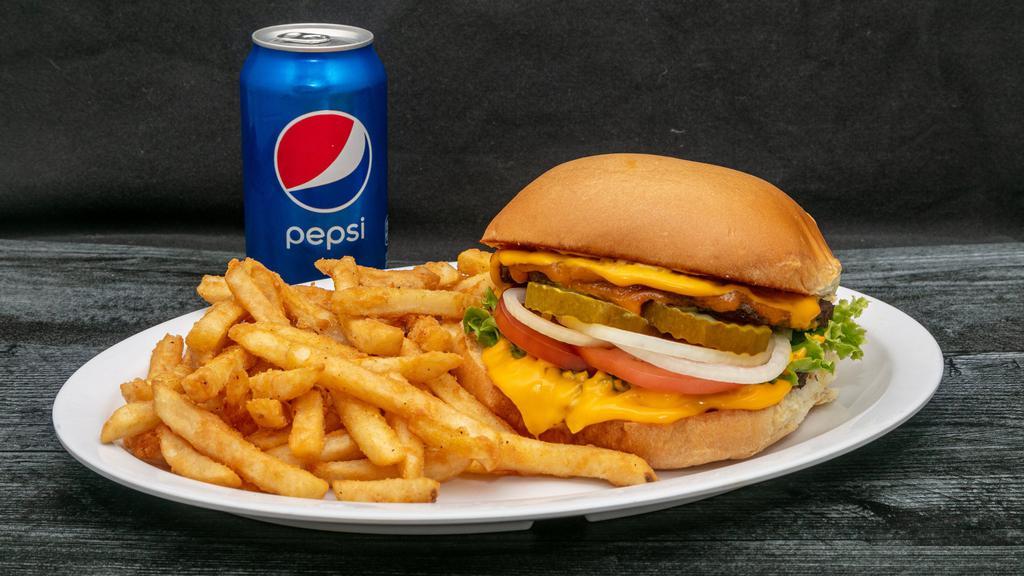 Double Cheeseburger Combo · Double cheeseburger (bread, two hamburgers, two cheddar cheese, lettuce, tomato, onions, pickles and green sauce) fries, drink.