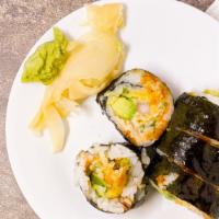 Crazy Maki · Raw. Fried shrimp, avocado, cucumber, and tobiko wrap with seaweed and rice served with spic...