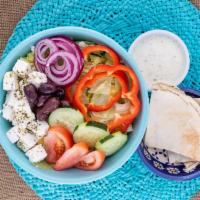 Greek Salad · Lettuce, tomatoes, cucumbers, peppers, onion, feta cheese, kalamata olives, pita bread