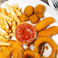Giovanni'S Sampler · Two fingers, two Mozzarella sticks, three onion rings, four breaded mushrooms and french fri...