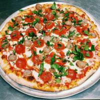 De La Casa Pizza - Large · Sweet Italian sausage, white mushrooms, roasted red peppers, roasted garlic, pepperoni, basi...