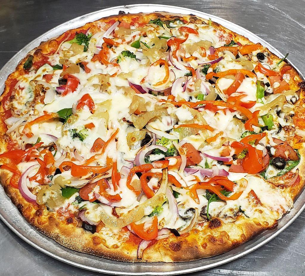 Veggie Pizza - Large · Spinach, broccoli, onions, fresh tomatoes, red peppers, roasted garlic, black olives, mushrooms, and mozzarella