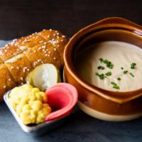 Rutabaga Fondue · Rutabaga Fondue with baked soft pretzel and house pickles (contains gluten and soy; nut-free)
