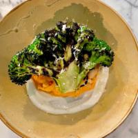 Charred Broccoli · Charred Broccoli with white bean sauerkraut salad, horseradish (Contains soy; gluten and nut...