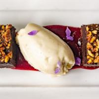 Chocolate Bar · Chocolate Bar with caramel pecans, blackberry jam, and lavender ice cream (contains gluten, ...