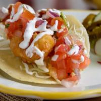 Camarones Taco (Shrimp) · Three tempura style fried shrimp, corn tortilla, cabbage, pico de gallo, sour cream.  Served...