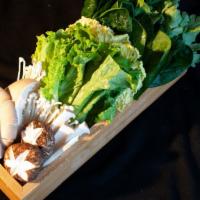 Vegetable & Mushroom Platter 蔬菜菌类拼盘 · Chinese cabbage, watercress, lettuce, enoki, oyster and shiitake mushrooms.