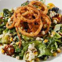 House Salad (Gf) · Mixed Greens, Corn, Cherry Tomatoes, Fried Shallots, Bleu Cheese Crumbles & Bleu Cheese Dres...