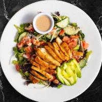 Chicken Salad · Mixed greens, chicken, tomato, onion, cucumber, olives, tossed with house dressing.