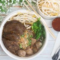 Boat Noodle Soup · Mild.The most famous Thai rice noodle soup in meat broth with your choice of beef or pork be...