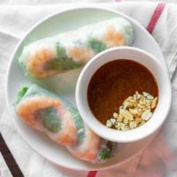 Shrimp Summer Roll (2) · Rice paper wrapped with shrimps, lettuce, basil, vermicelli (bean noodle) serve with peanut ...