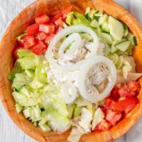 Scoop Salad · Iceberg lettuce with tomato, cucumber, onion topped with choice of egg salad, tuna salad, or...