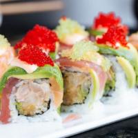 Bentley Roll* · Spicy Yellowtail and avocado roll topped with Tuna, Salmon, avocado, spicy mayo, and roe.

R...