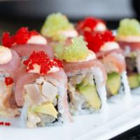 Meridian Roll* · Crunchy spicy Yellowtail and avocado roll topped with Tuna, spicy mayo, and roe.

Raw compon...