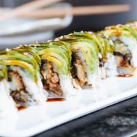 Dragon Roll · Grilled eel and cucumber roll topped with avocado, eel sauce, and sesame seeds.