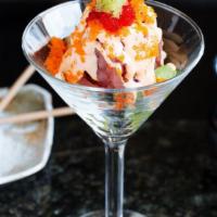 Spicy Tuna Sundae* · Gluten free. Tuna, avocado, and cashews, topped with spicy mayo, and roe.

Raw components. C...