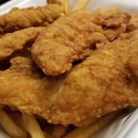 Chicken Tender Dinner · Six chicken tenders with French fries.
