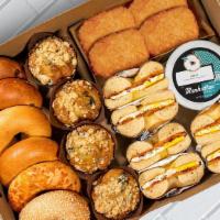 Family Brunch Box  · 6 Bagels, 1 Tub Of Cream Cheese, 3 Bacon, Egg & Cheese Sandwiches 4 Hash Browns & 4 Muffins.