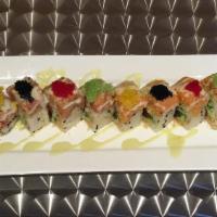 Celtics Maki · Seabass, white tuna and avocado, lightly battered and deep fried, and topped with scallop an...