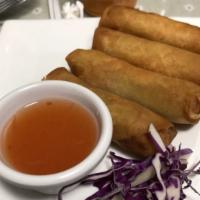 Spring Rolls (4Pc) · Vegan. Mixed veggies, cellophane noodles and rolled up with spring roll skin with sweets sou...