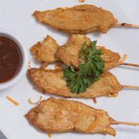 Chicken Satay (4Pc) · Deep-fried special-marinated chicken on skewers with sweet homemade peanut sauce.