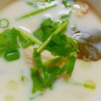 Coconut Soup (Tom Kha) · Flavory coconut soup with lemongrass, galangal, kaffir lime leaves, and mushroom.