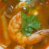 Spicy& Sour Soup (Tom Yum) · Spicy. Hot and sour soup with tomato, lemongrass, galangal, kaffir lime leaves, and mushroom.