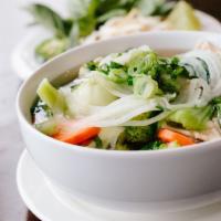 Veggies Pho · Tofu, broccoli, mushroom, bok choy, carrot, choose chicken broth or veggie broth. (Vegans).
