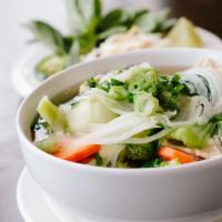 Veggies Pho · Tofu, broccoli, mushroom, bok choy, carrot, choose chicken broth or veggie broth. (Vegans).