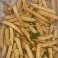 Parmesan Truffle Fries · Drizzle of Truffle oil, Grated Parmesan Cheese Sauce, Salt and Chopped Fresh Parsley.