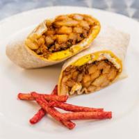 Breakfast Burrito · Fried eggs, Mexican home fries, your choice of meat, and American cheese in a flour tortilla...