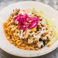 Burrito Bowl · Bowl filled with meat of your choice, rice, charra beans, lettuce, tomatoes,cheese and Aztec...