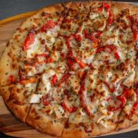 Chicken Flatbread · Grilled chicken, roasted red peppers and mozzarella cheese. Comes with a side of Santucci sa...