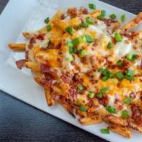 Mega Fries · With mozzarella cheese, cheese whiz, and bacon.