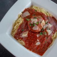 Pasta & Meatball · Homemade meatball with marinara sauce tossed in your choice of angel hair spaghetti, penne, ...