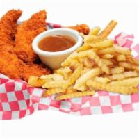 Chicken Tenders Basket (4) · Choice of potato fries, sweet potato fries, onion ring, or one corn. No substitution.