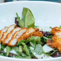 Crispy Chicken Salad · Crisp mixed greens, panko-crusted chicken breast, apples, grapes, candied walnuts and honey ...