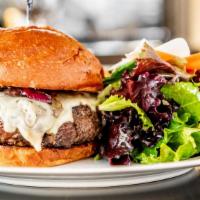 Angus Beef Burger · whole grain mustard aioli, sharp cheddar cheese, lettuce, charred red onion, brioche bun, si...