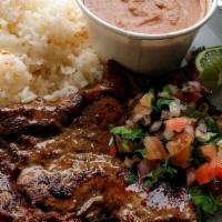 Grilled Beef- Carne Asada · Gluten free. Steak, rice, beans, pico de gallo and tortillas.