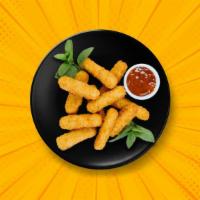 Cheesy Mozzarella Strips · Cheese coated in seasoned breadcrumbs, then deep fried until golden brown and crispy.
