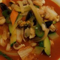 짬뽕 / Jjampong · Spicy. Spicy seafood noodle soup with shrimps, squid, mussel, and vegetables.