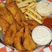 Flounder & Shrimps · 2 pieces fish, 4 shrimps served with French fries and coleslaw.