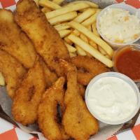 Tilapia & Shrimps · Served with French fries and coleslaw.